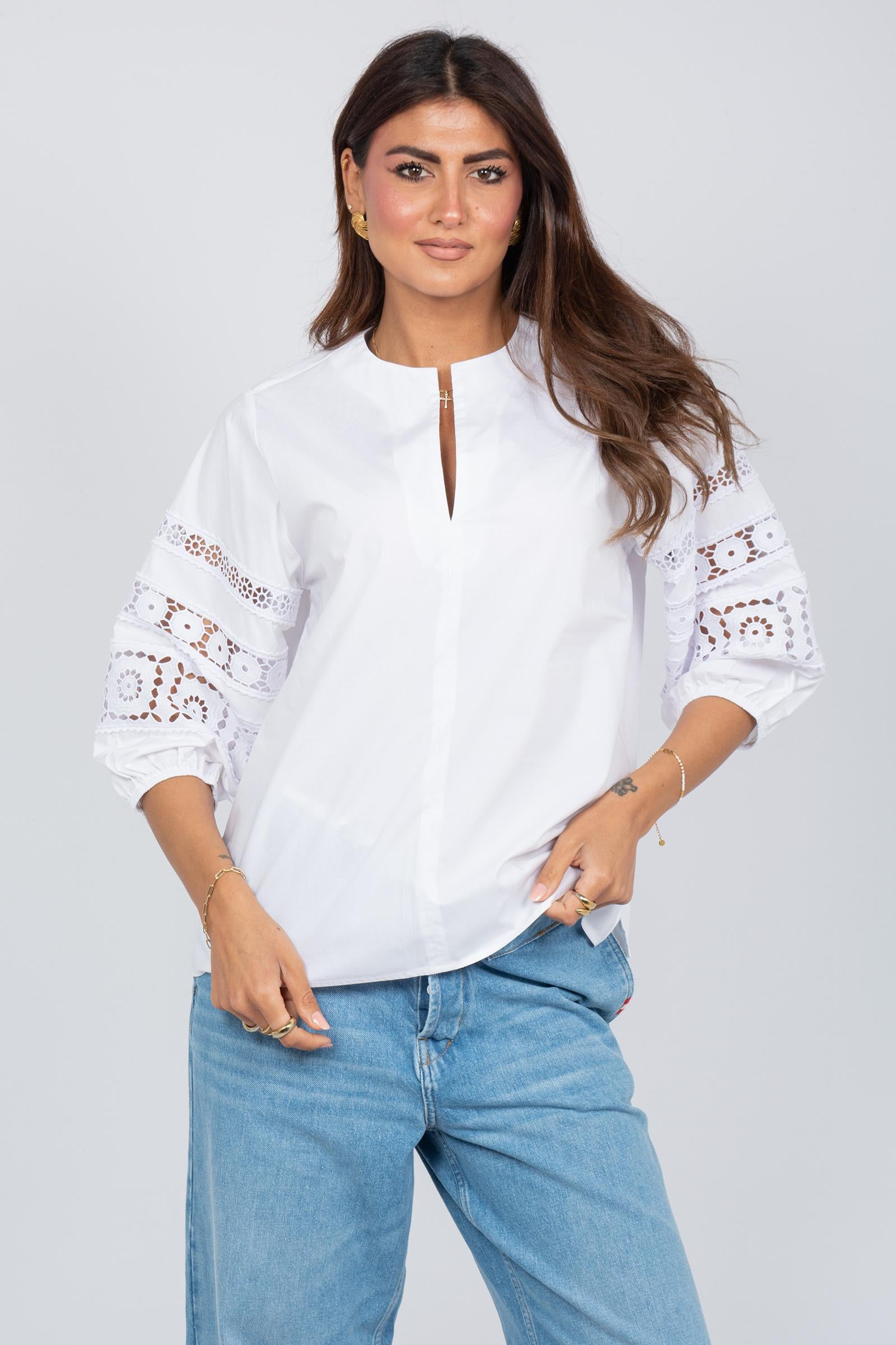 blusa in cotone e pizzo 261M1265 BIANCO MAIDA MILA 