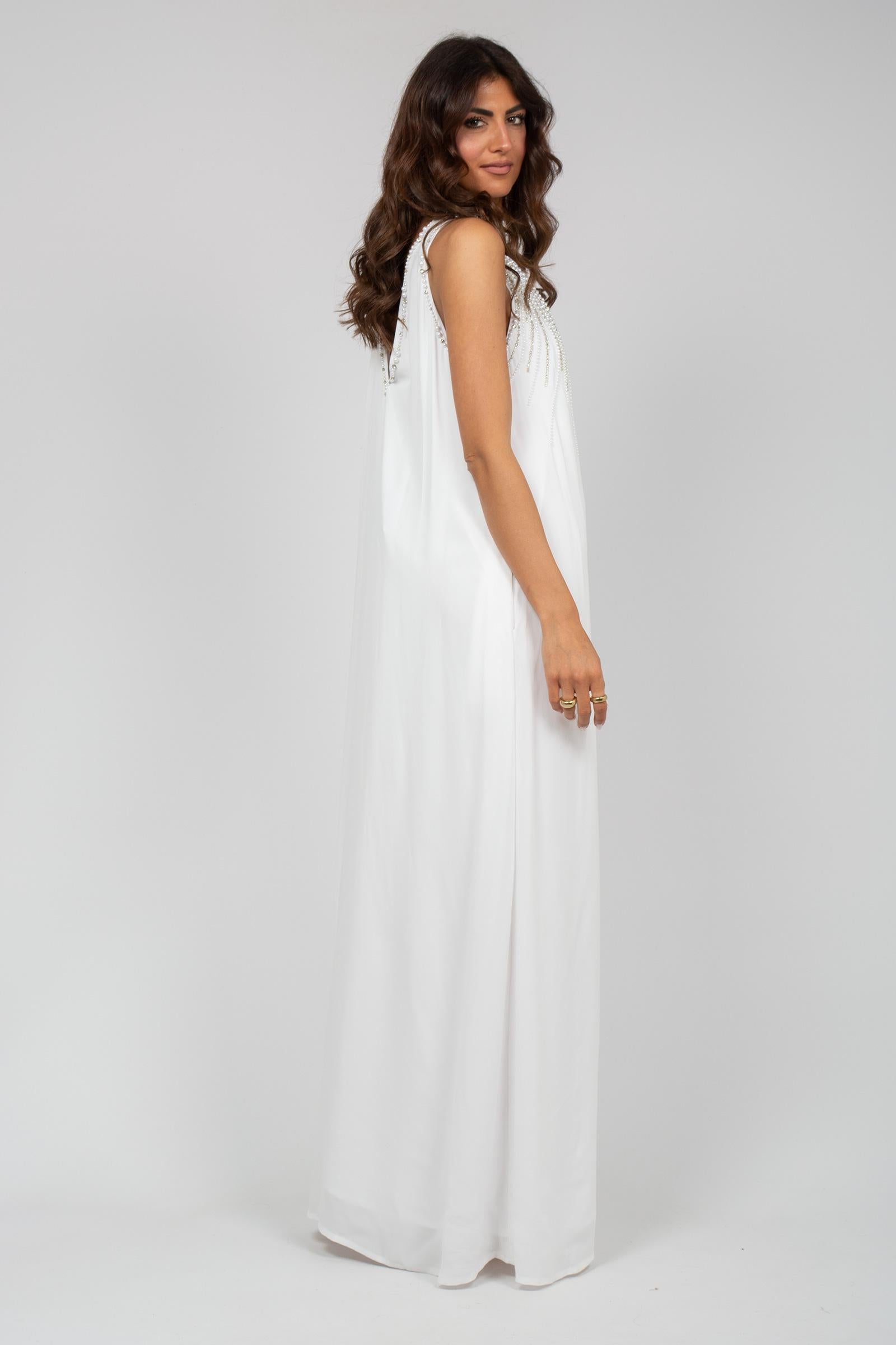 abito lungo con ricami e perle sul collo MS2630 WHT MIRIAM STELLA 