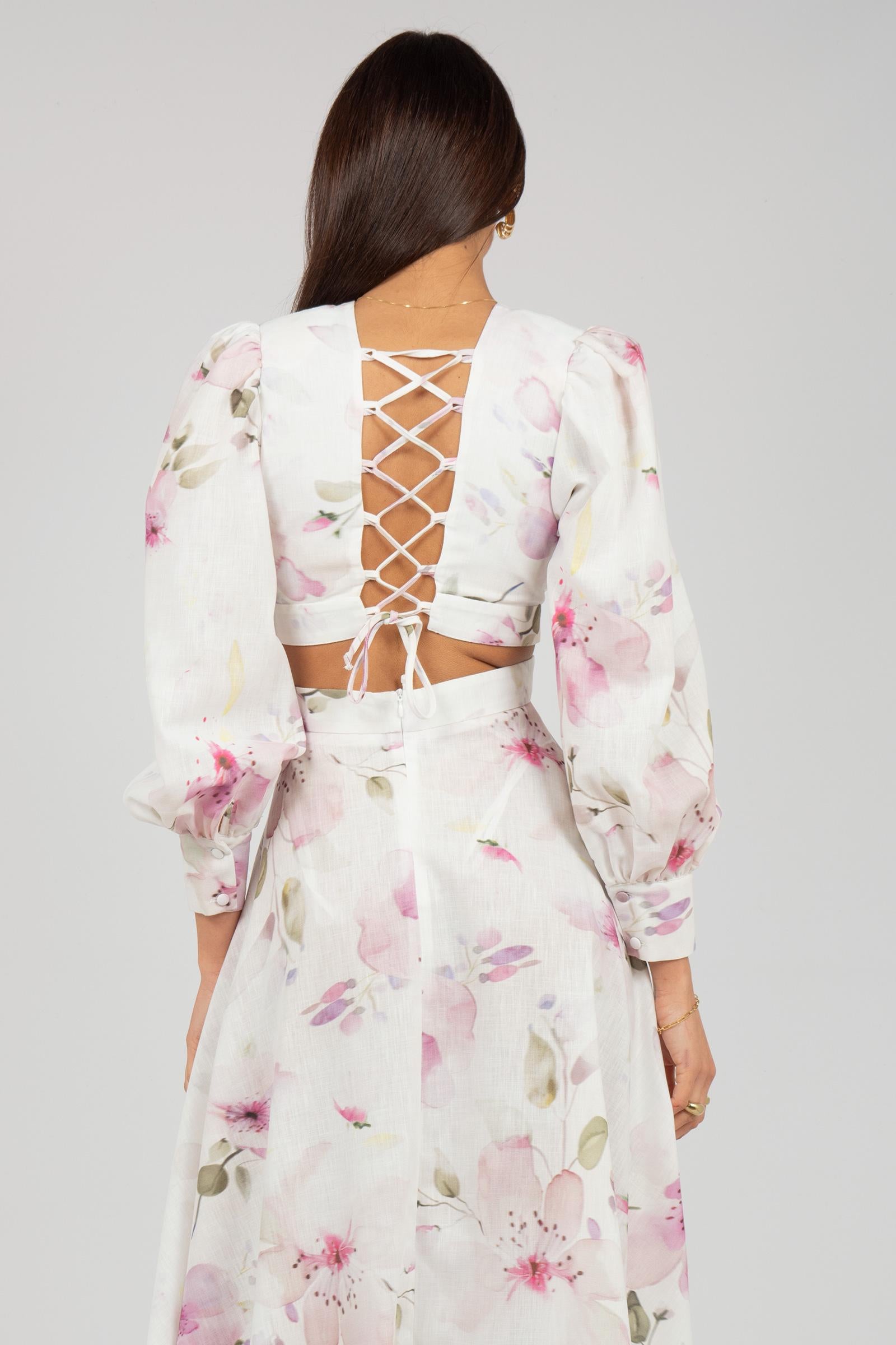 abito cut out in lino stampato AB4115ART16162 WHITE ACTUALEE 