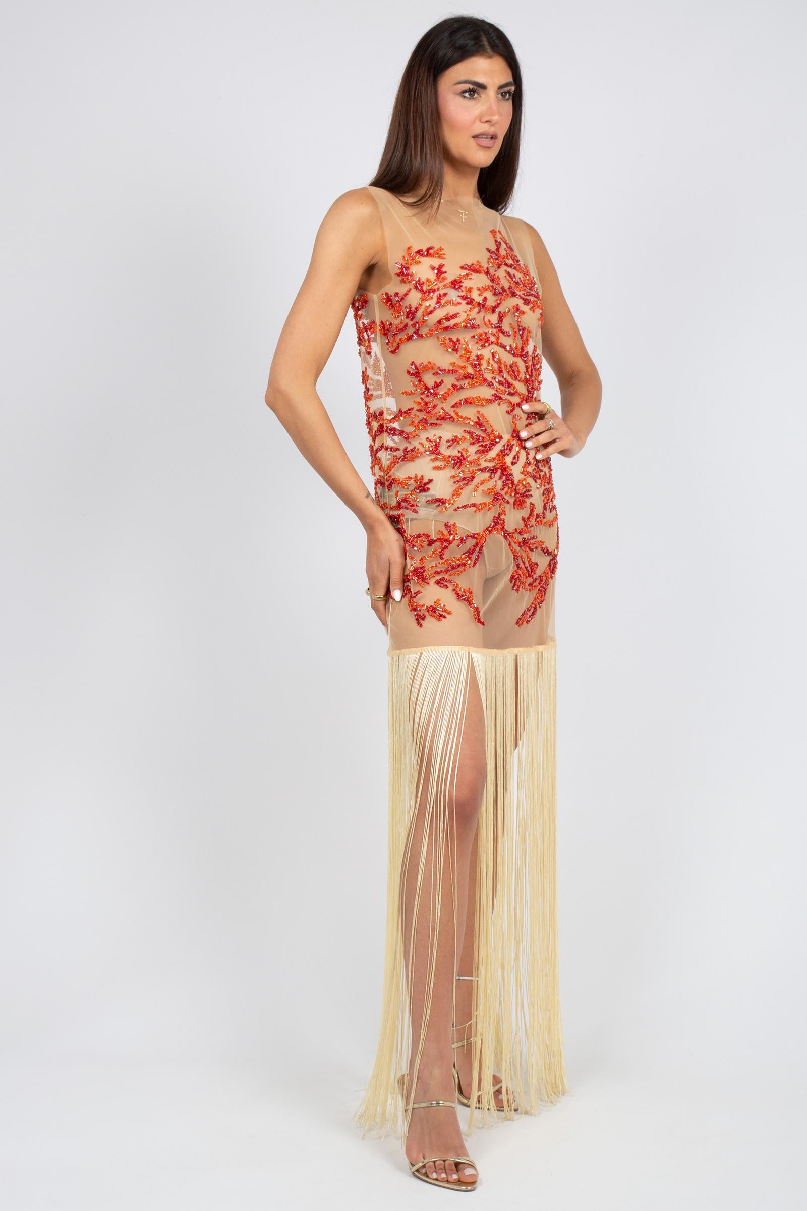 abito in tulle ricamato con frange MS2662 CORAL MIRIAM STELLA 