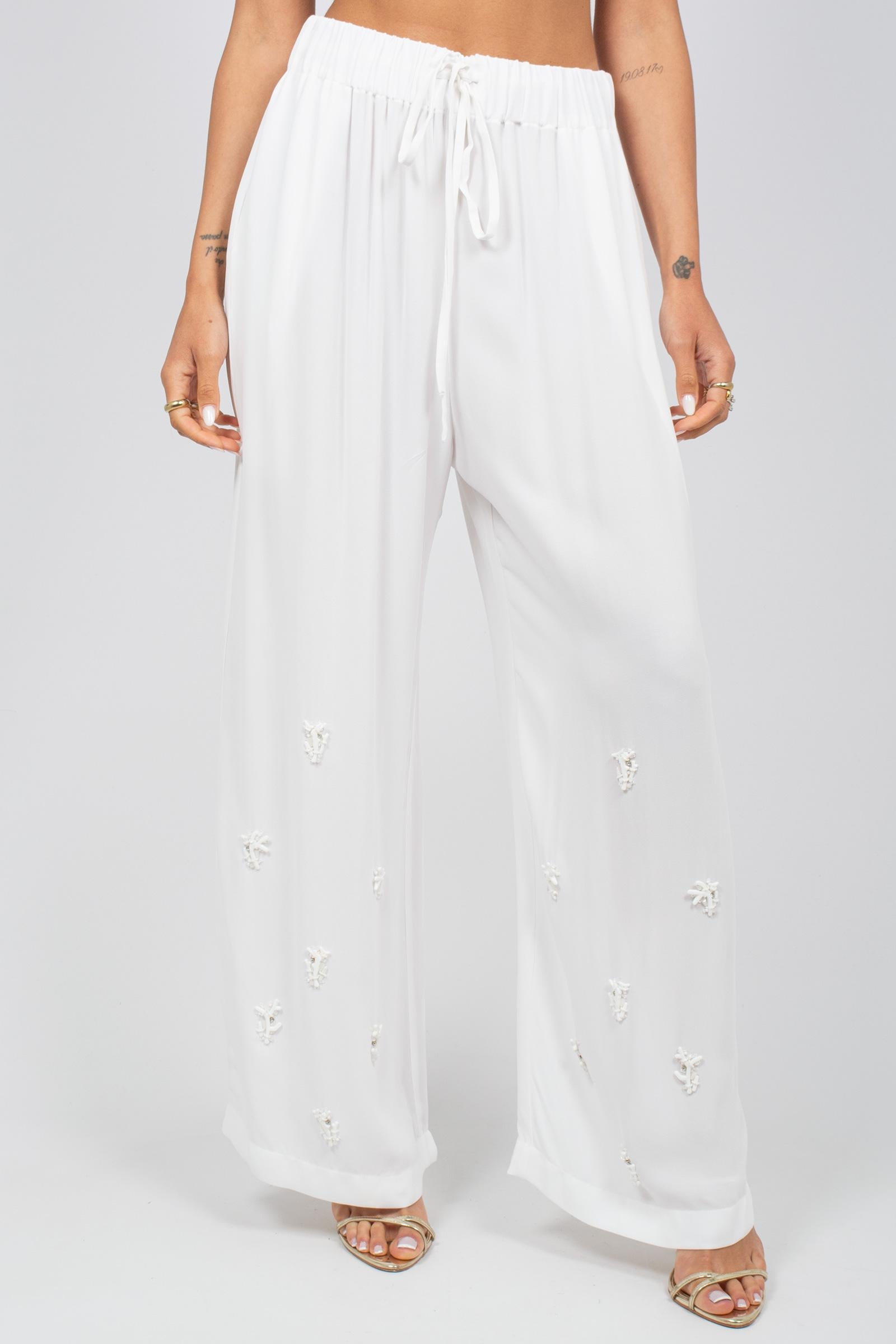 pantalone con ricamo coralli MS2652 WHITE MIRIAM STELLA 