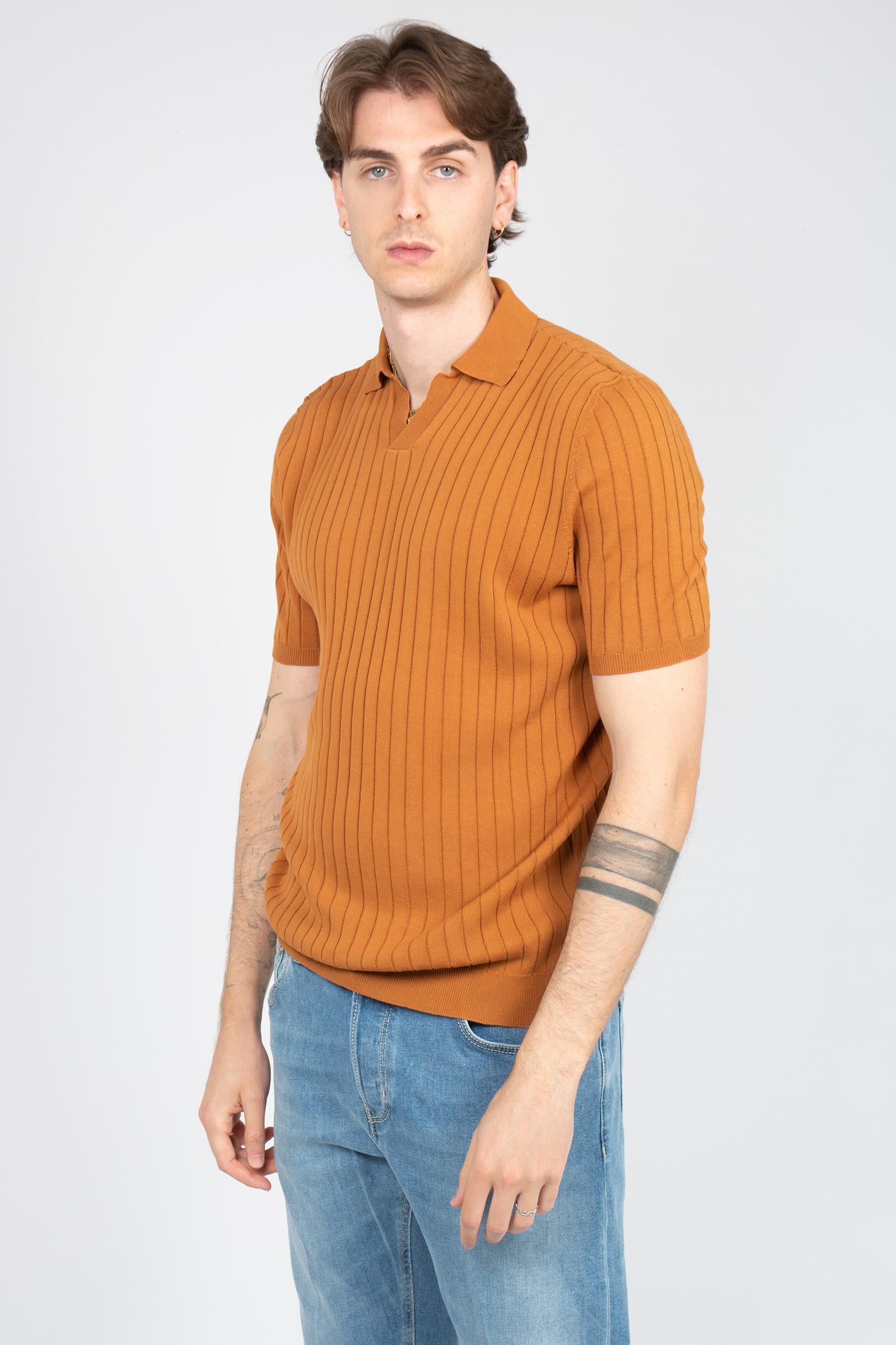 polo a coste in cotone B9AB0048 TABACCO AMARANTO 