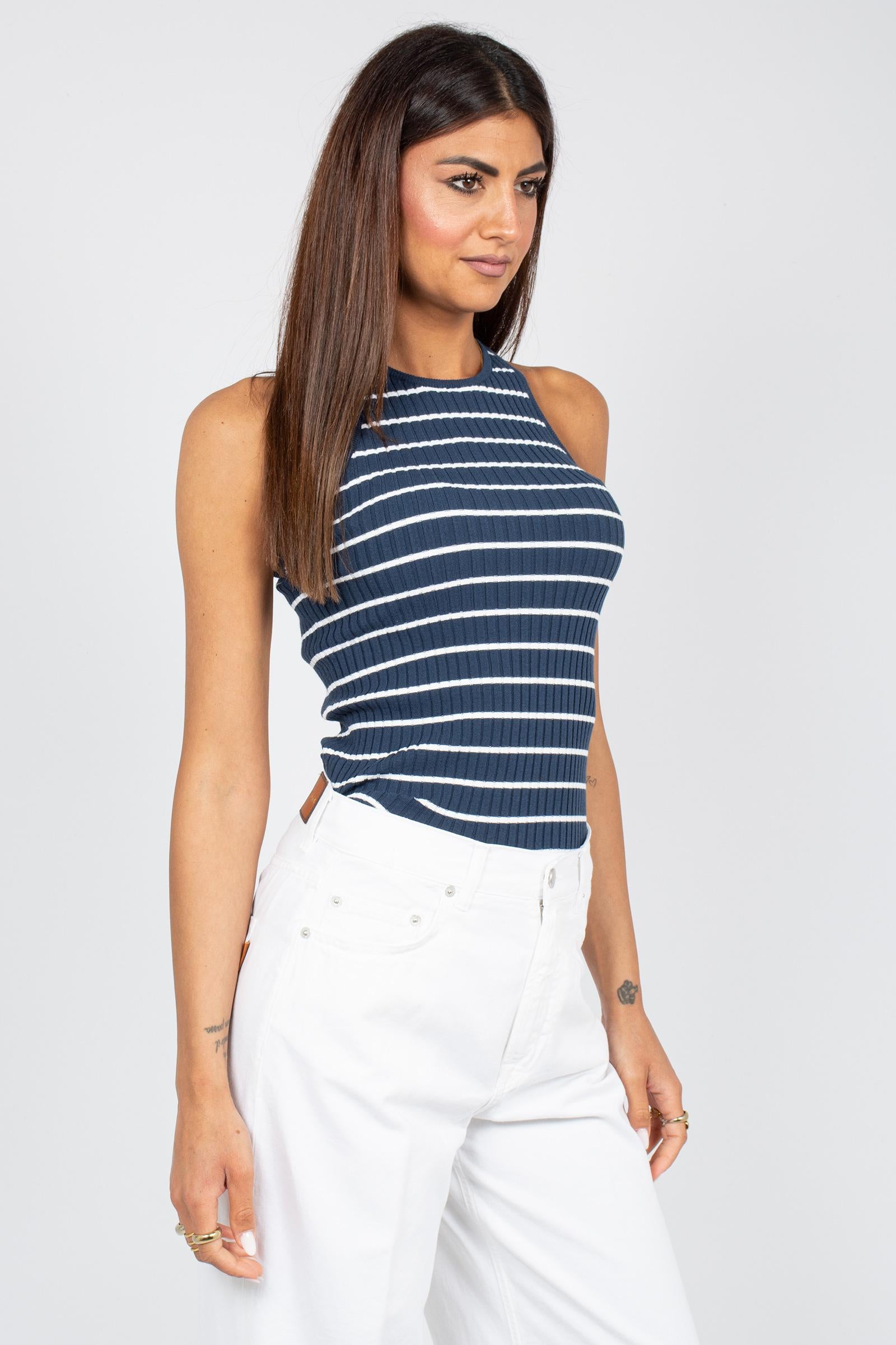 top a coste rigato M3AB0042 BLUE SOLOTRE 
