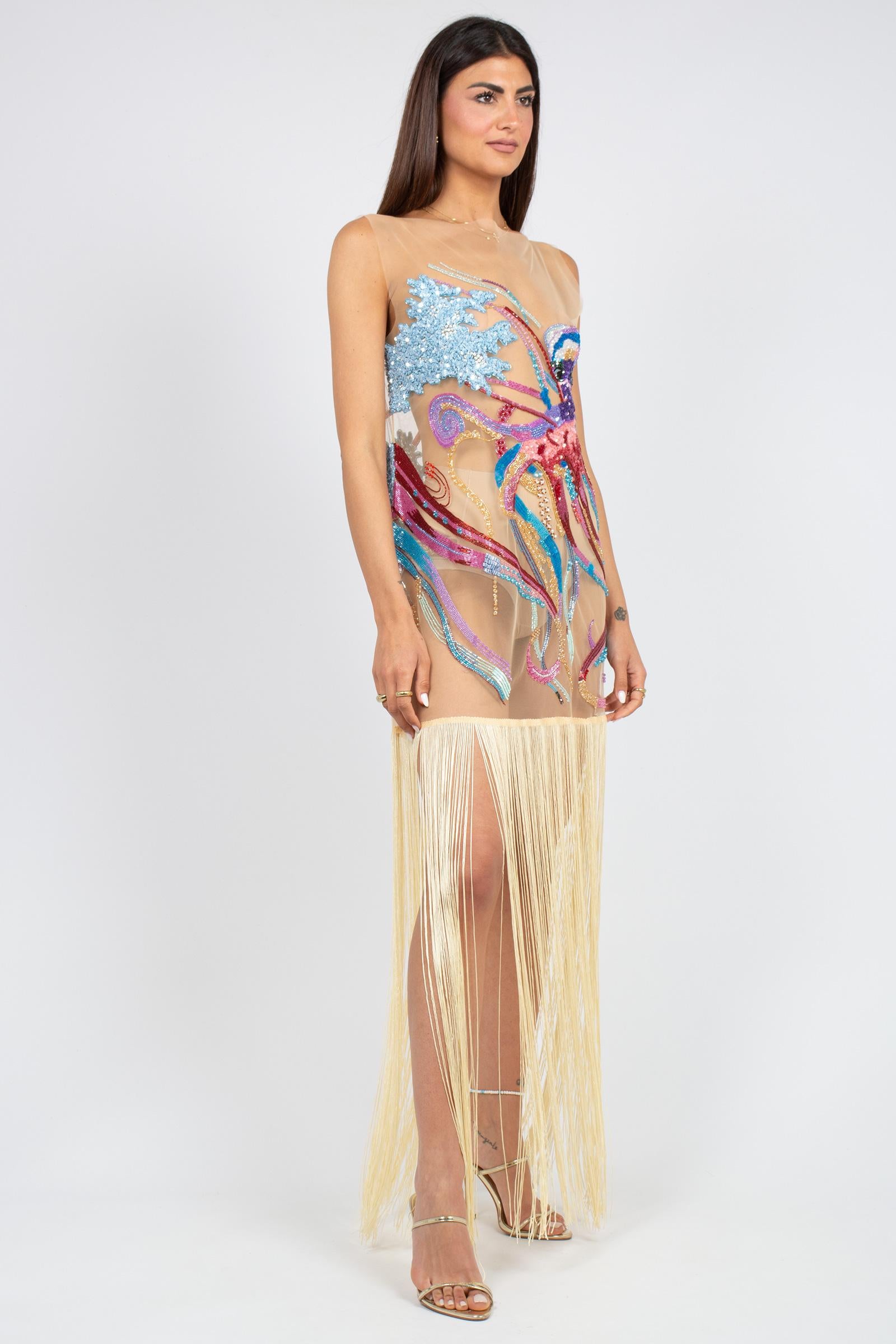 abito in tulle ricamato con frange MS2663 OCTOPUS MIRIAM STELLA 