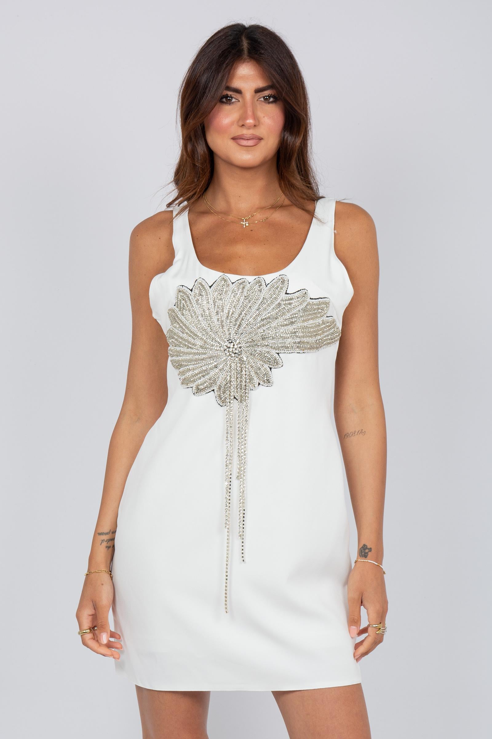abito corto con ricamo shell MS2665 WHITE MIRIAM STELLA 