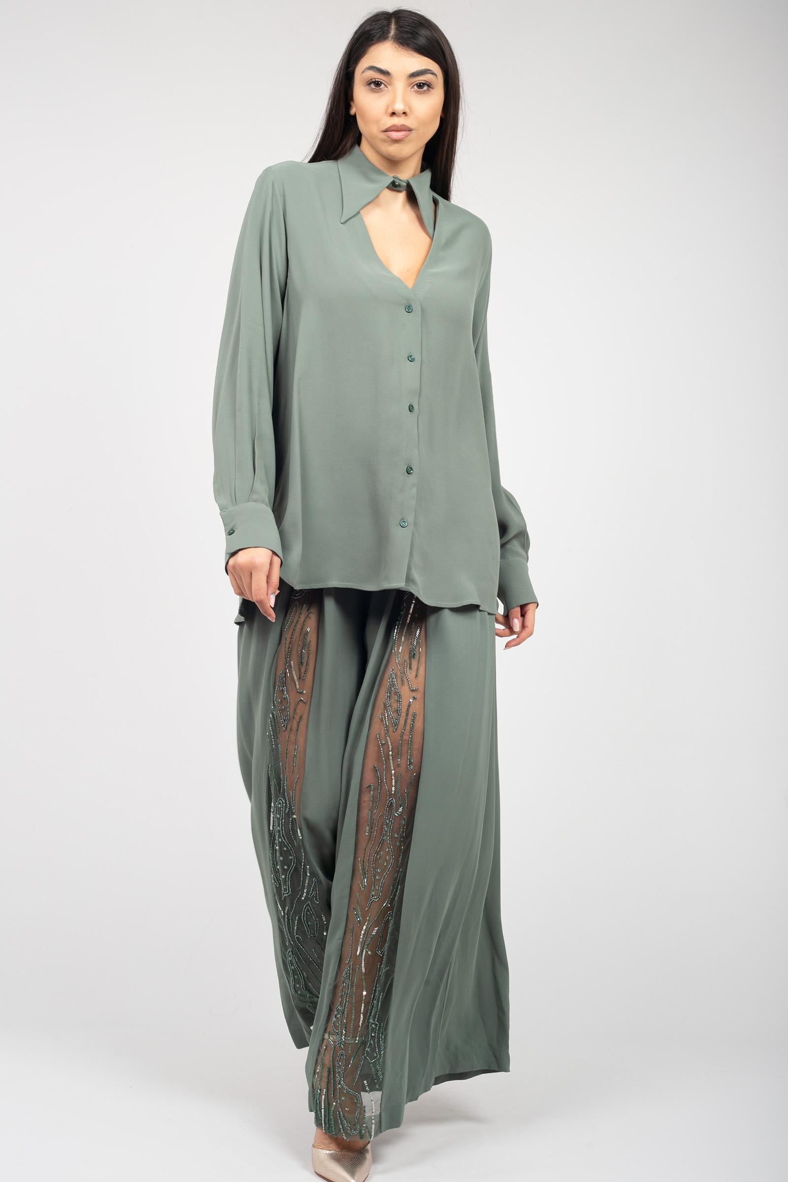 pantalone in viscosa con ricamo LUX2513 GREEN MIRIAM STELLA 