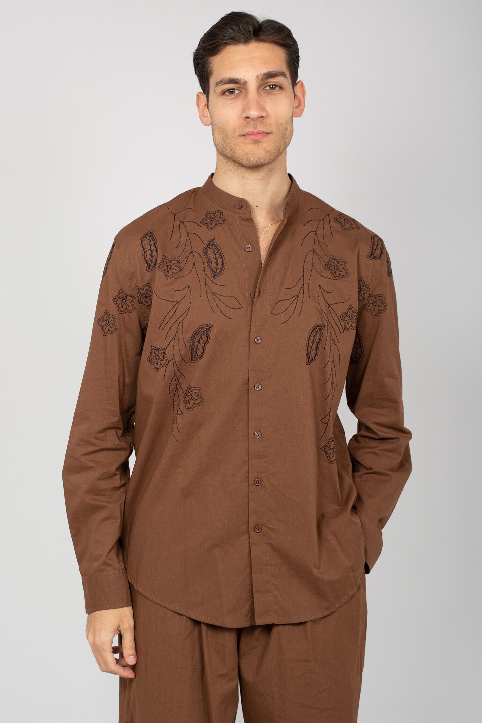 camicia in cotone ricamato B6D0017 CACAO AMARANTO 