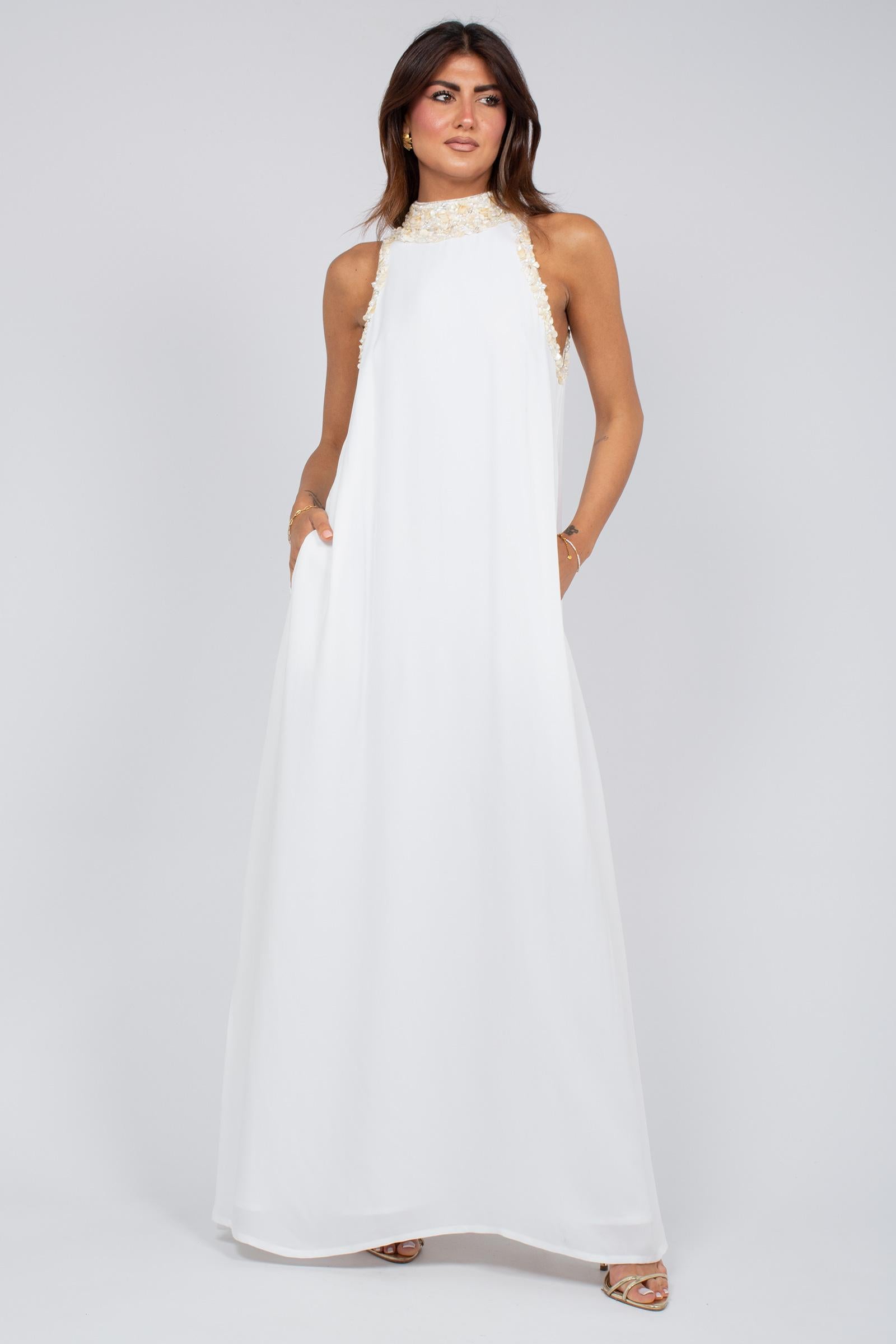 abito lungo con ricami al collo MS2623 WHITE MIRIAM STELLA 