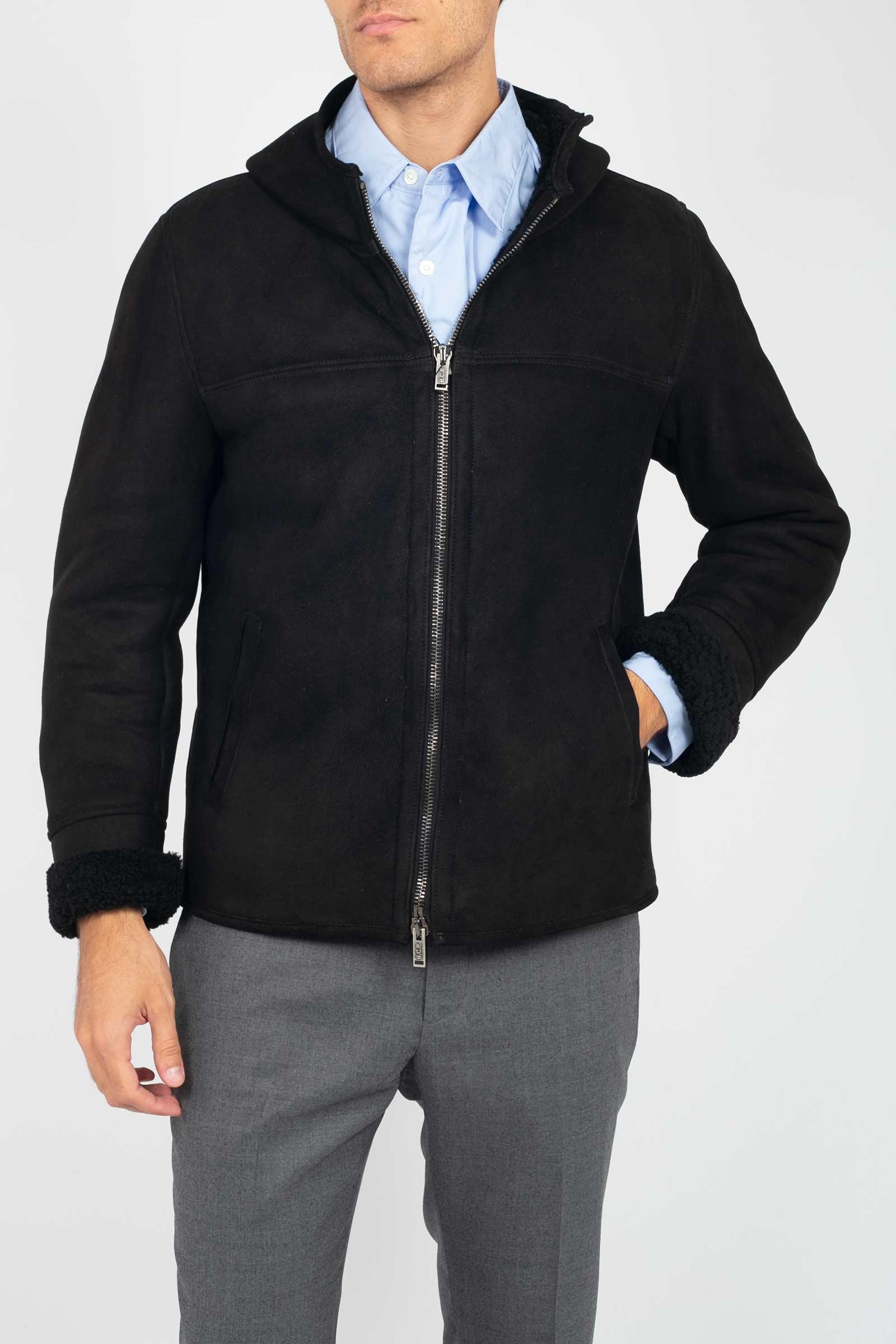 giacca con cappuccio in montone 7353MERINO NERO HCR 