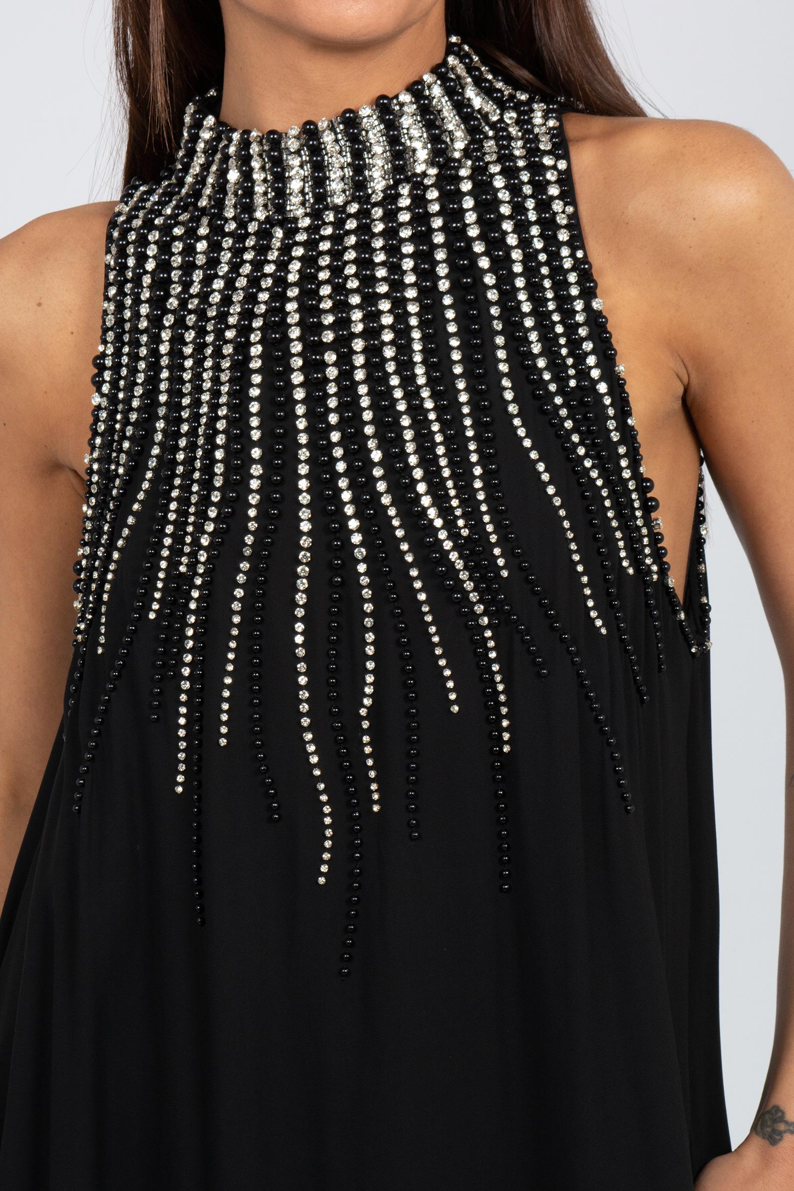 abito lungo con ricami e perle sul collo MS2630 BLK MIRIAM STELLA 