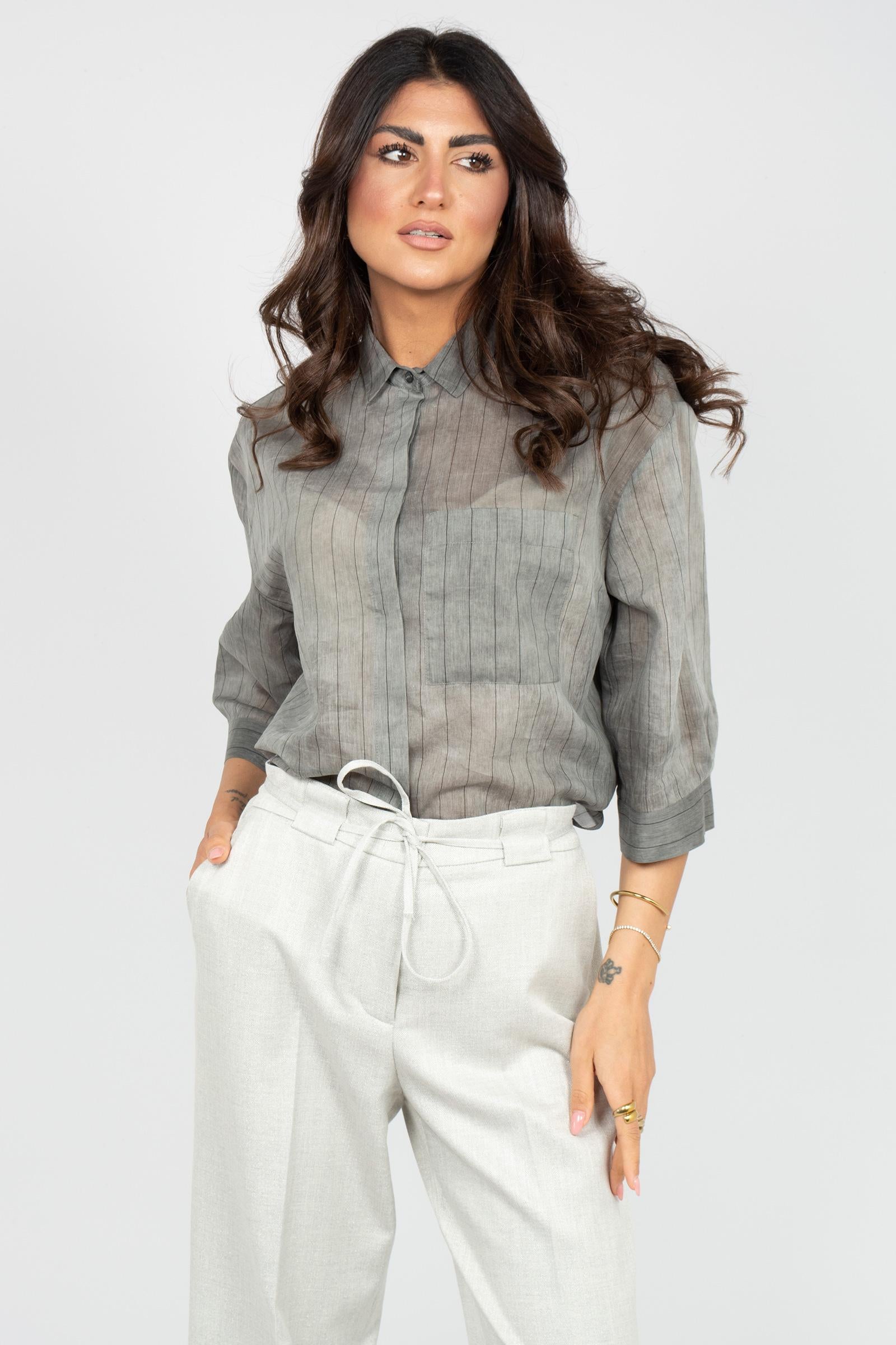 camicia gessata in cotone e seta E26620U50 79 BIANCALANCIA 