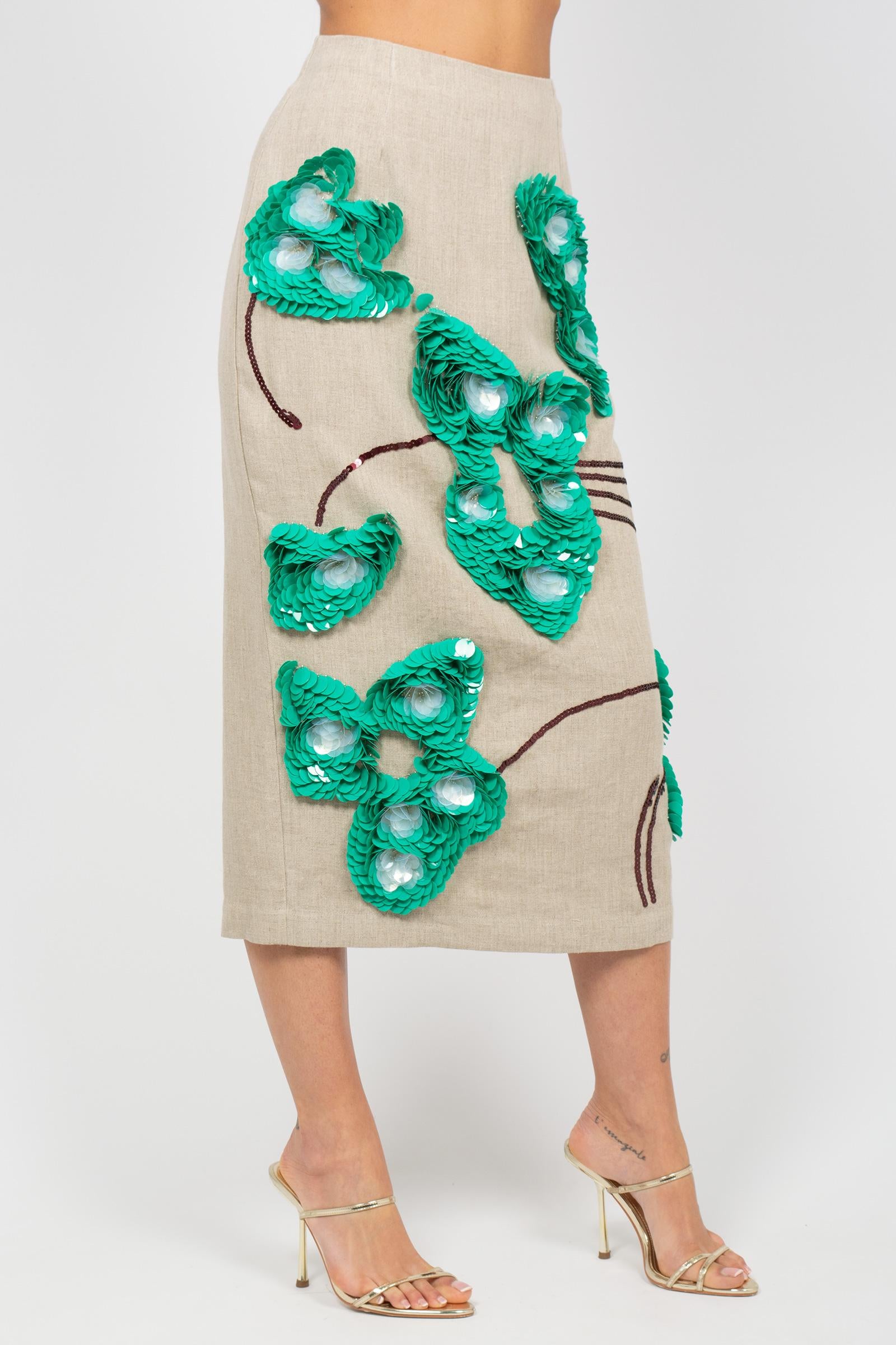 gonna longuette in lino ricamato M1AB0120 NATURALE SOLOTRE 