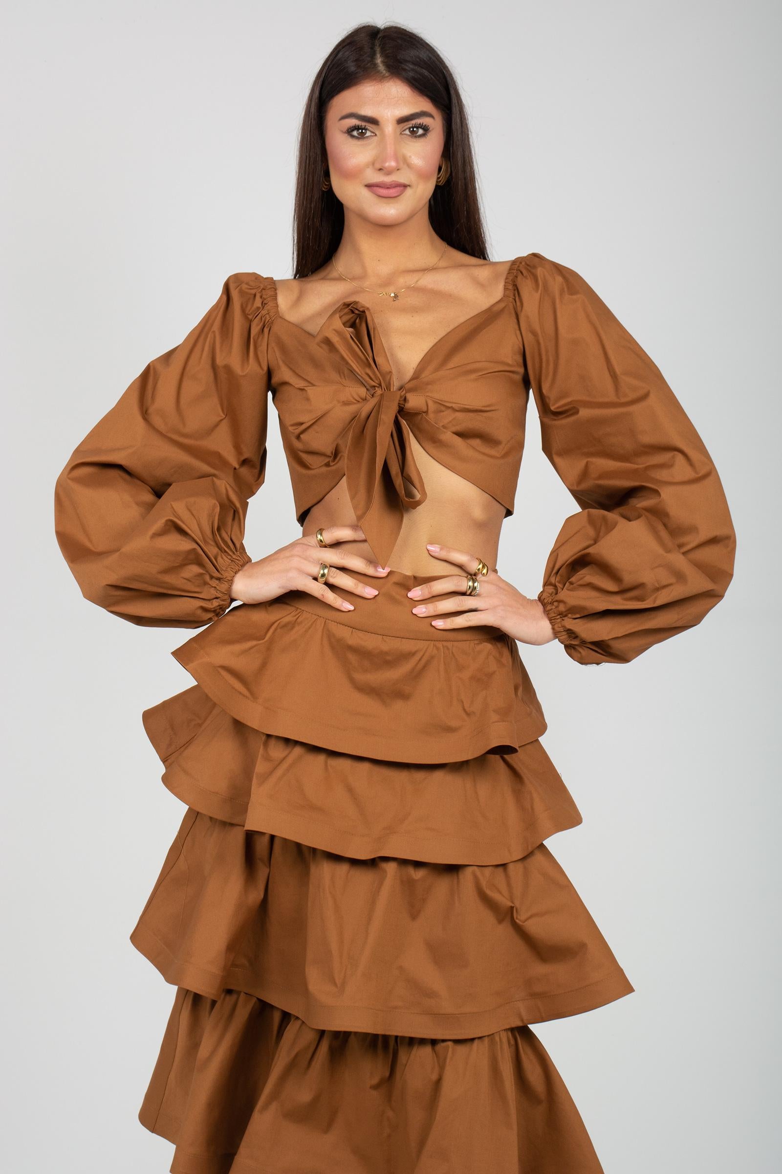 top con manica a sbuffo in cotone TO307ART16202 BROWN ACTUALEE 