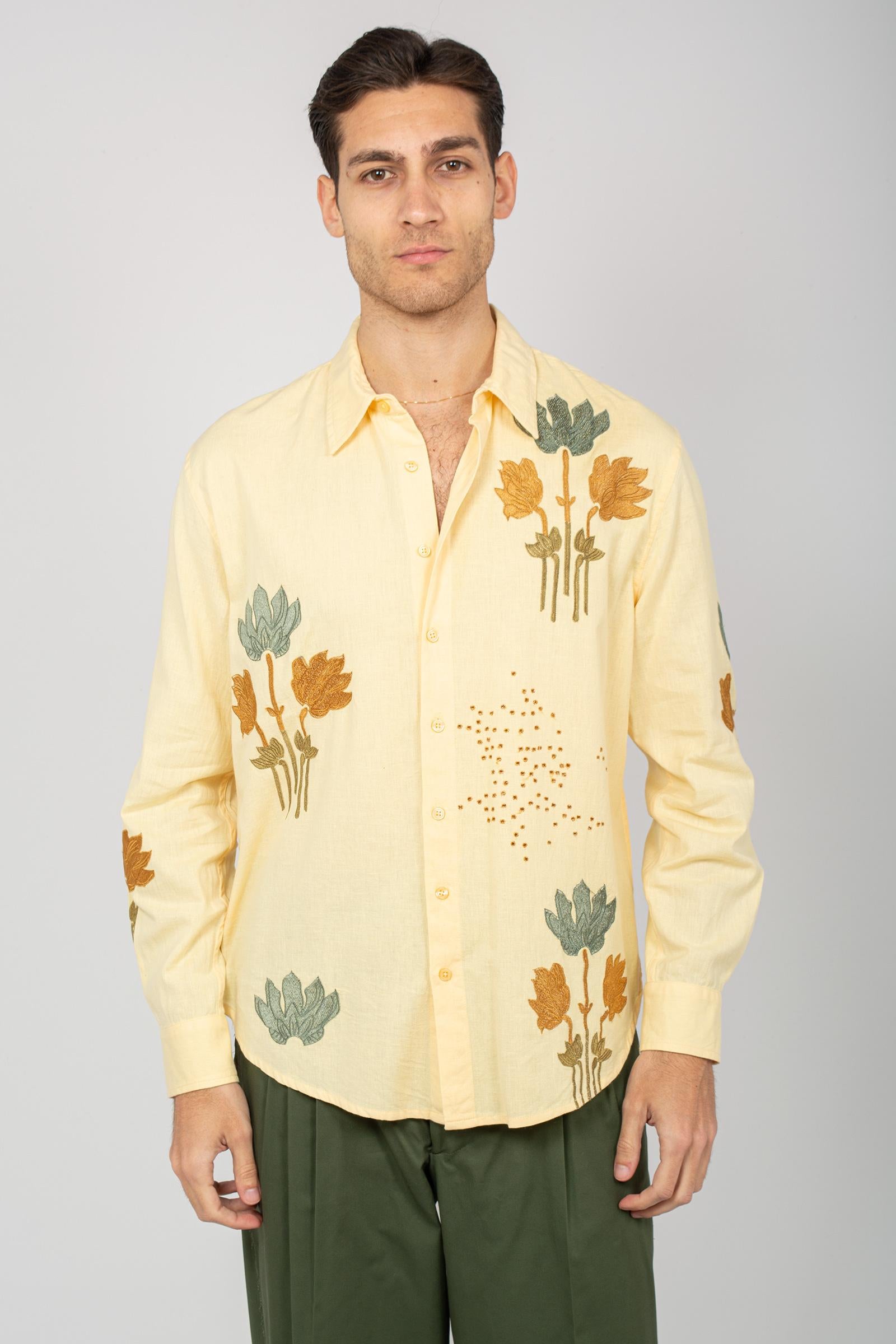 camicia ricamata in cotone e lino B6D0019 BANANA AMARANTO 