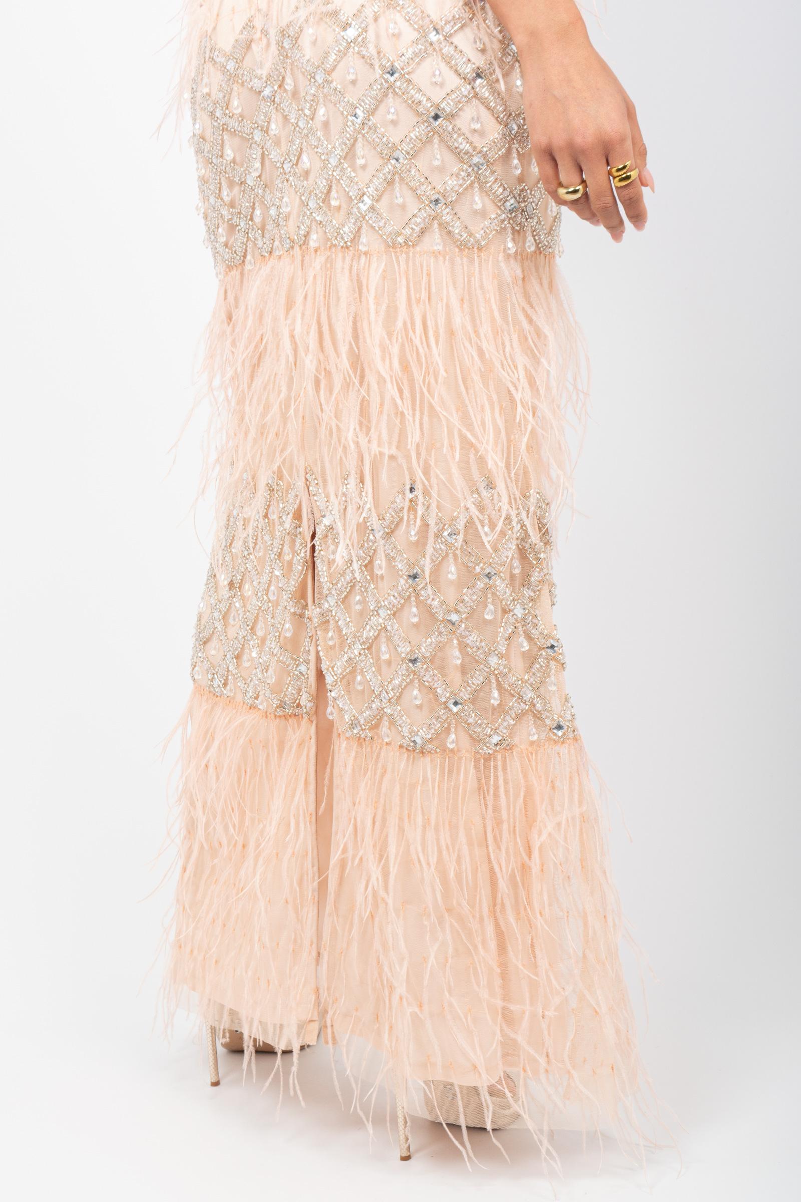 abito lungo con cristalli e piume 6221160 PINK PERLAROSSO 