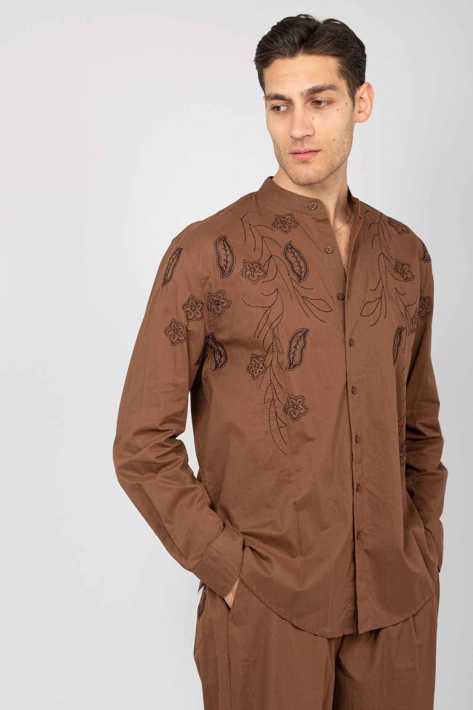 camicia in cotone ricamato B6D0017 CACAO AMARANTO 