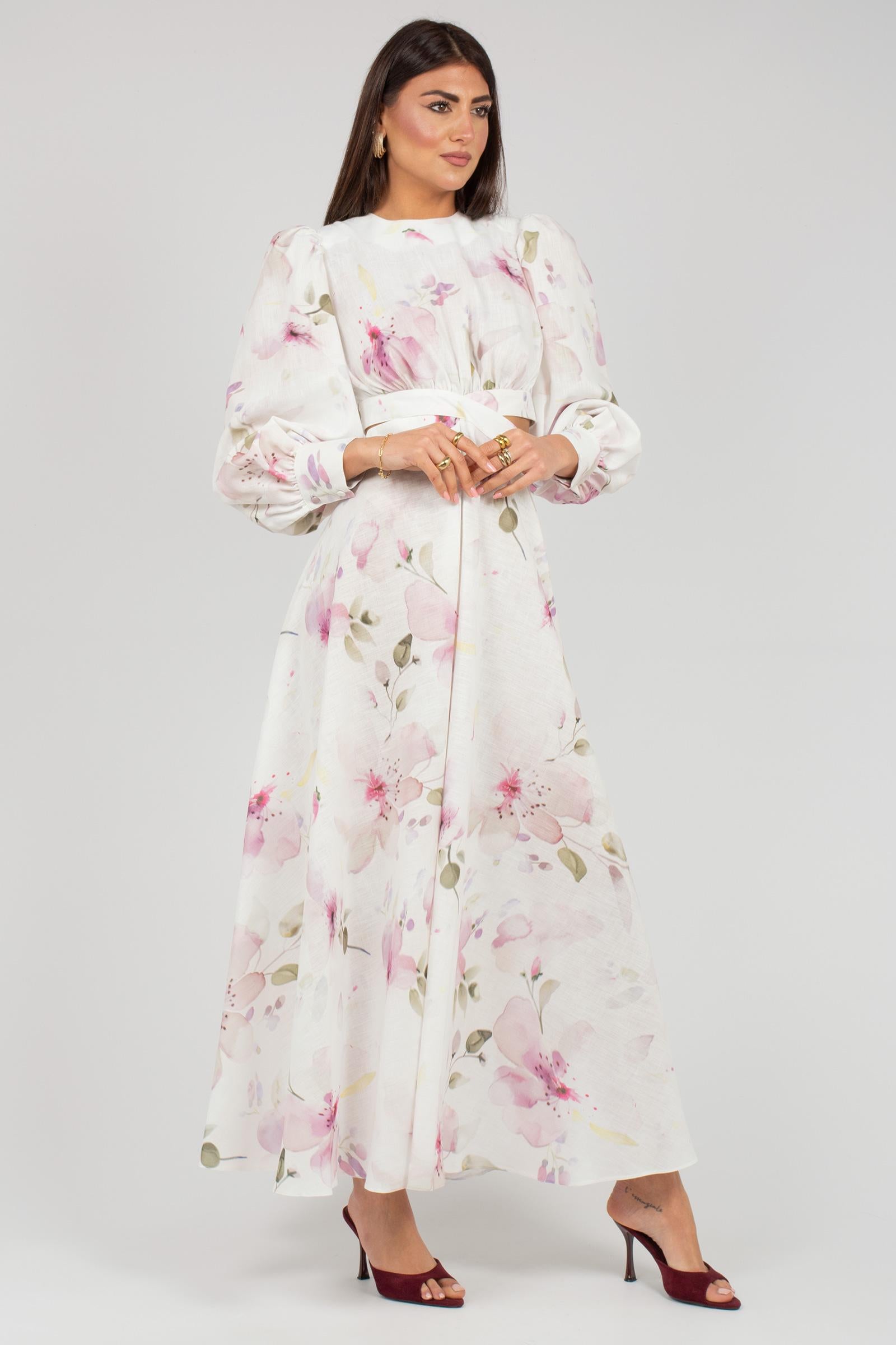 abito cut out in lino stampato AB4115ART16162 WHITE ACTUALEE 