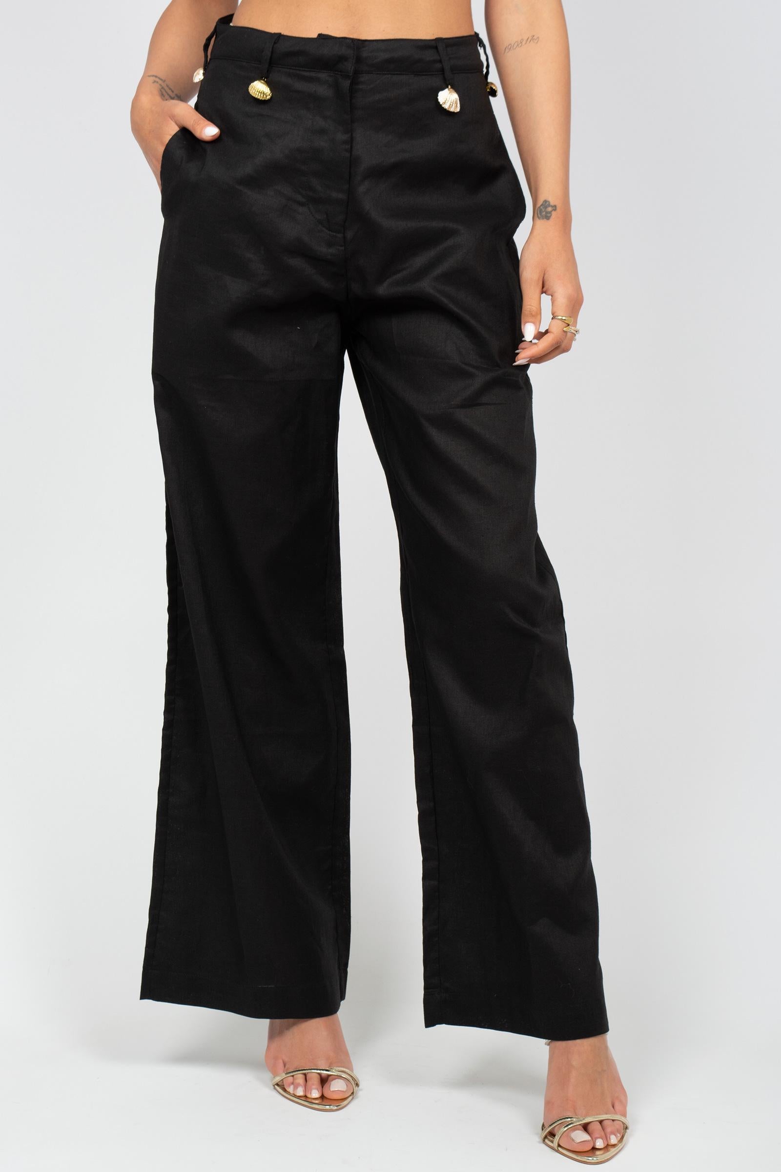 pantalone in lino con conchiglie MSR2602 BLACK MIRIAM STELLA 